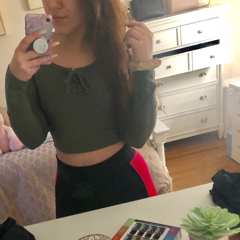 LA hearts olive lace-up long sleeve crop top